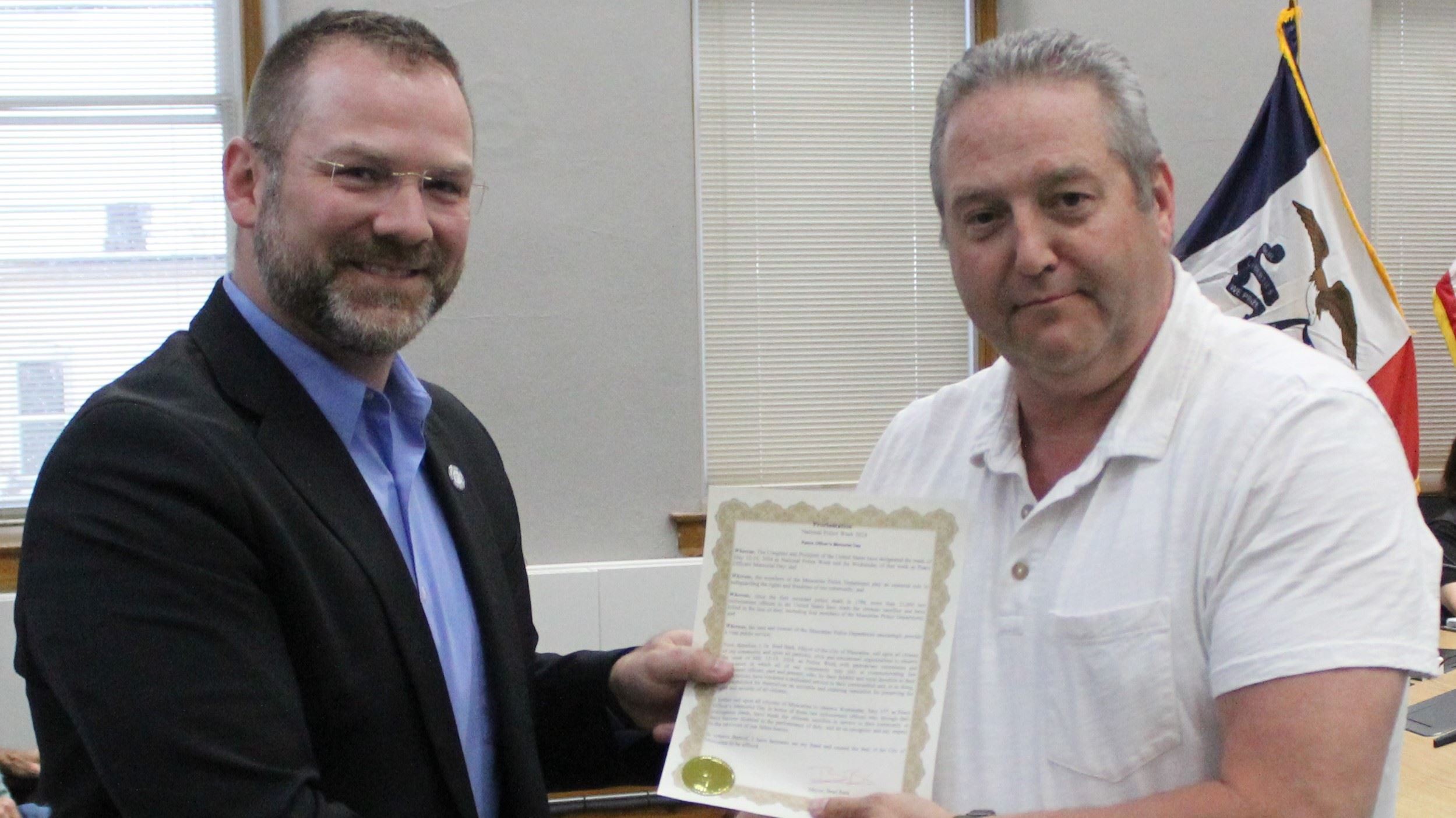 Assistant Chief Steve Snider and Mayor Brad Bark with Police Week Proclamation (JPG)