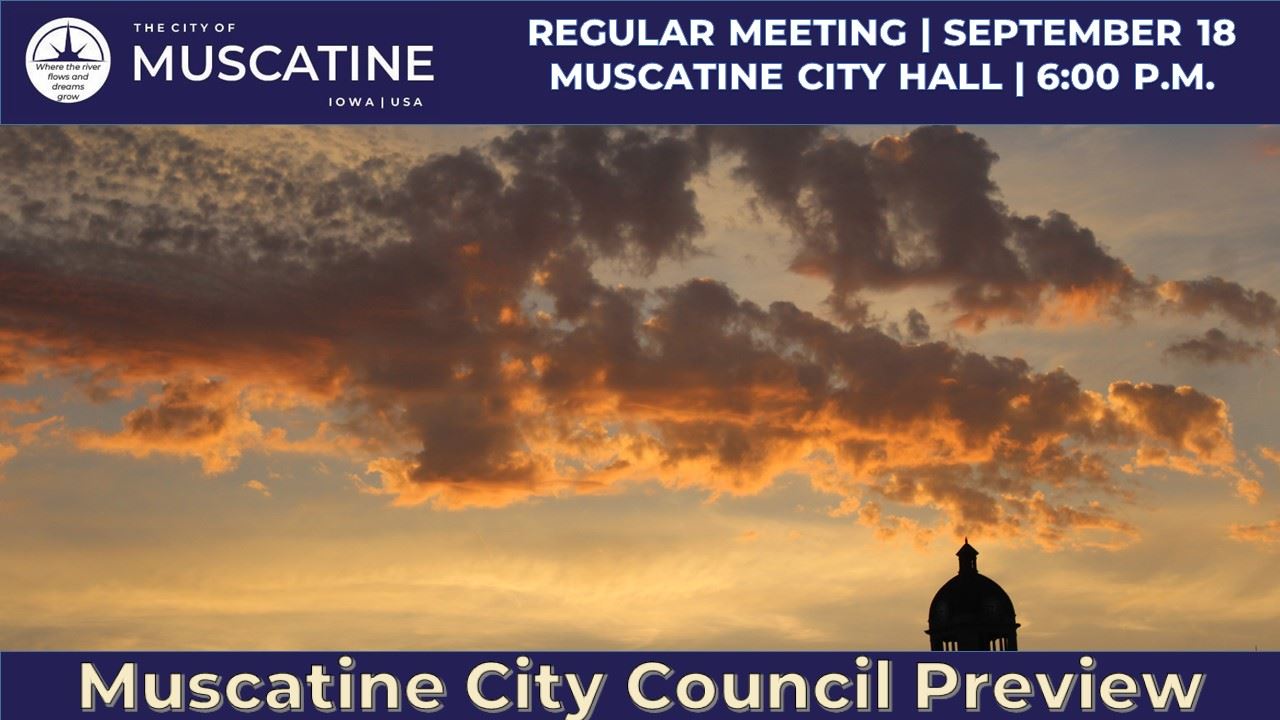 2025-09-18 Muscatine City Council Meeting (JPG) showing sunrise over courthouse