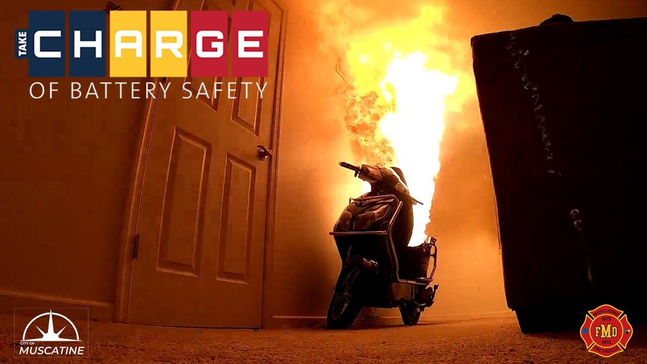 Take Charge of Battery Safety Promo graphic (JPG) showing scooter on fire